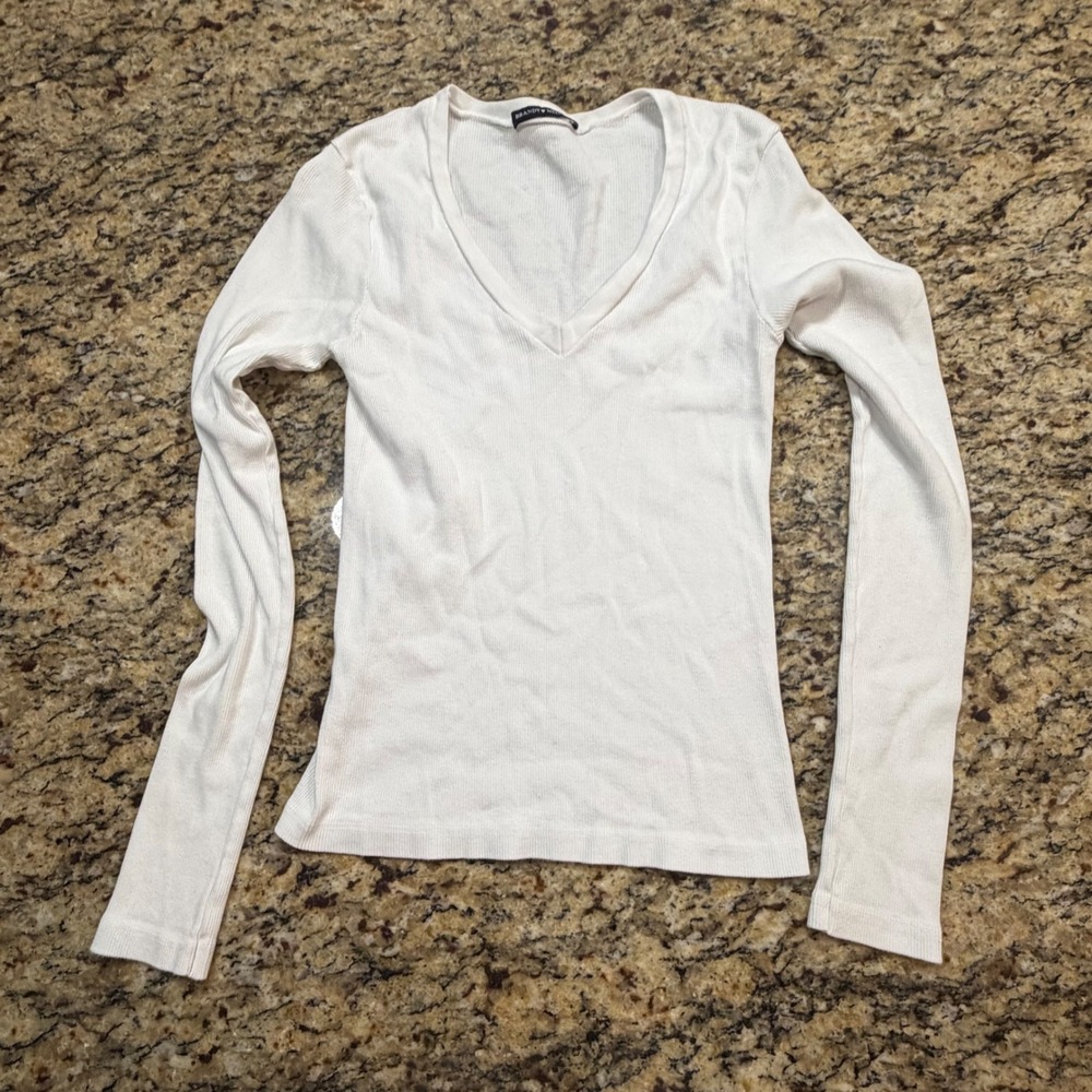 Brandy Melville White Ribbed Knit Short Sleeve Crew Neck Top One Size ws